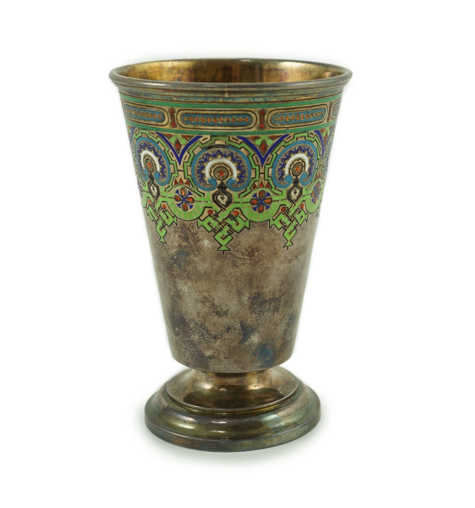 A late 19th century Russian 91 zolotnik silver and polychrome champlevé enamel pedestal beaker, St. Petersburg, maker Pavel Sazikov, 1874
